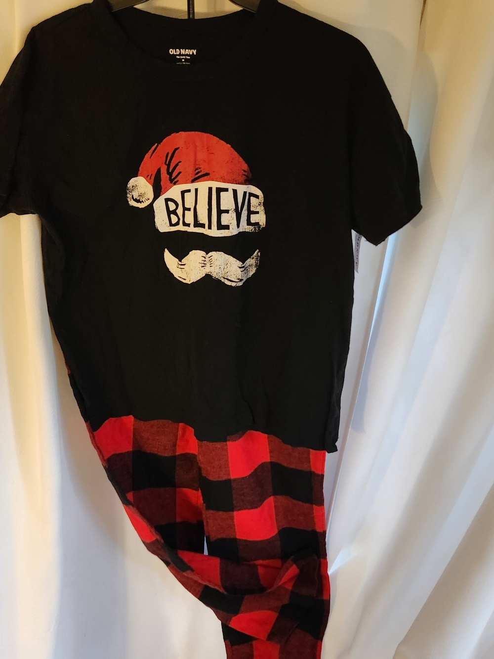 Old Navy Holiday Pajama Set Black Tee with Red Santa and Red Plaid Flannel Pants